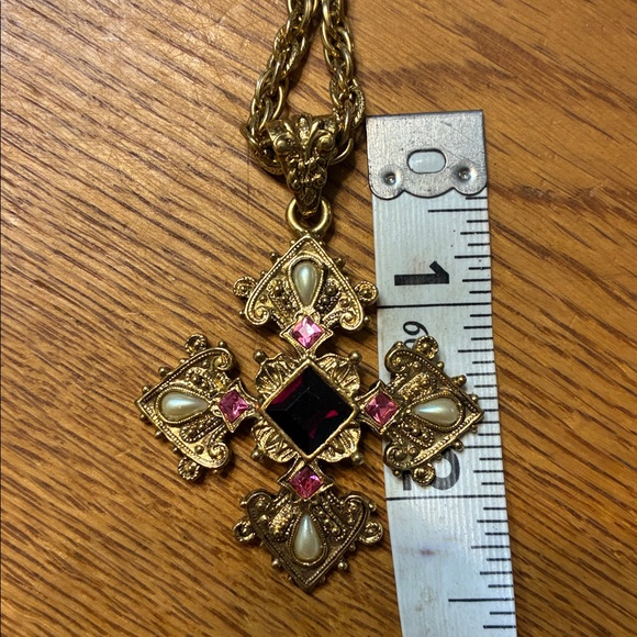 1928 Gold Red & Pink Rhinestone Cross Pendant Necklace - Picture 3 of 3